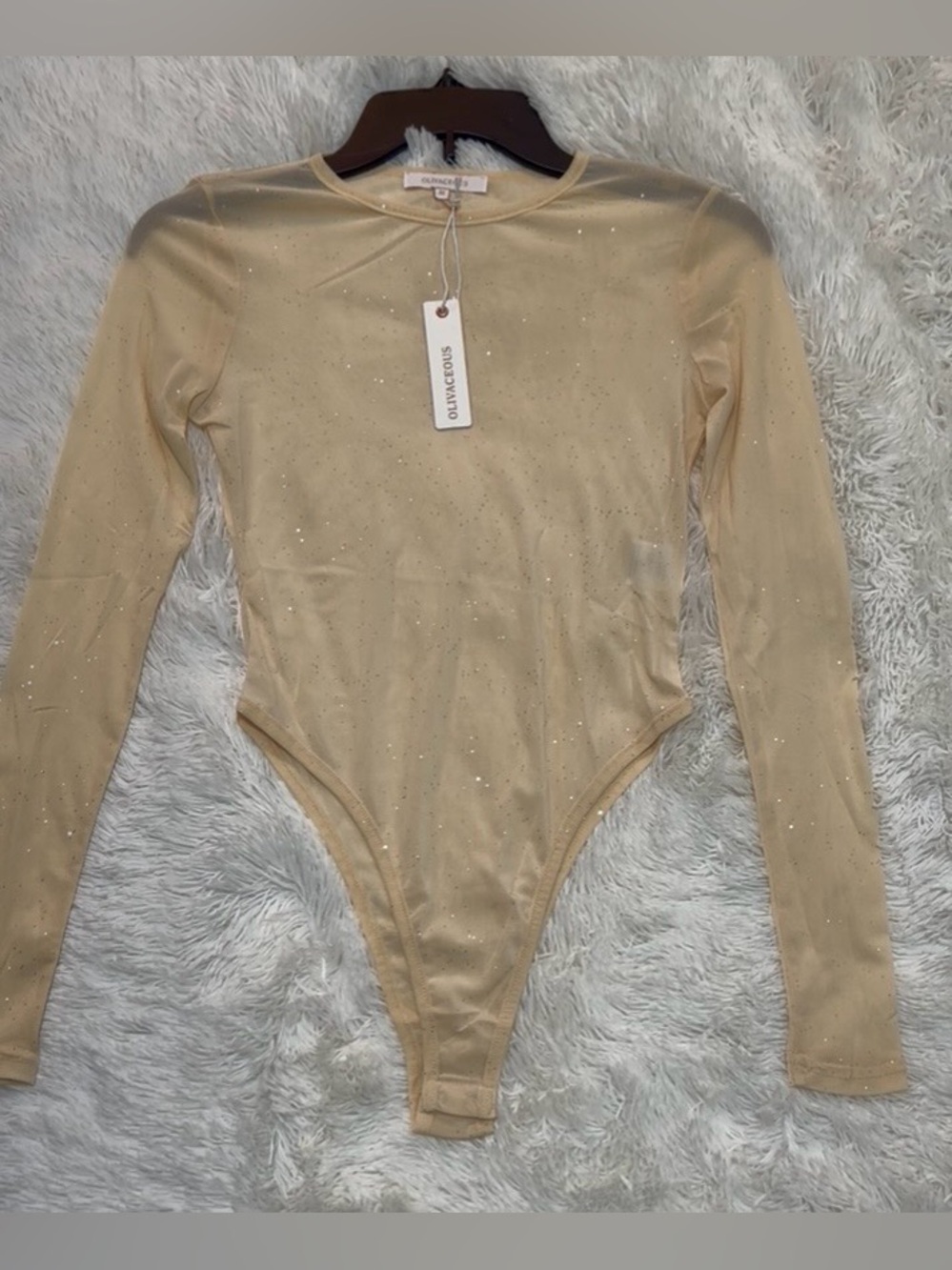 Women’s Long-Sleeve Glitter Mesh One-Piece Bodysuit - Beige